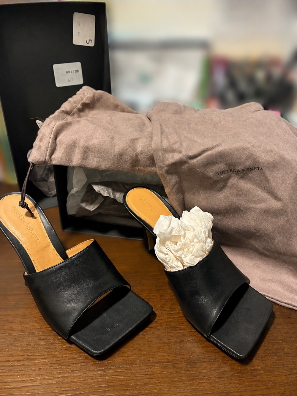 Bottega Veneta Black Leather Square-Toe Mules with Mid Heel
